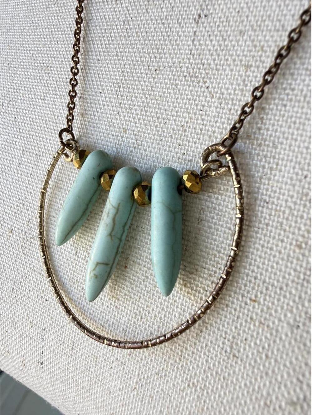 Boho Turquoise Spike Necklace Bronze Tone Hoop